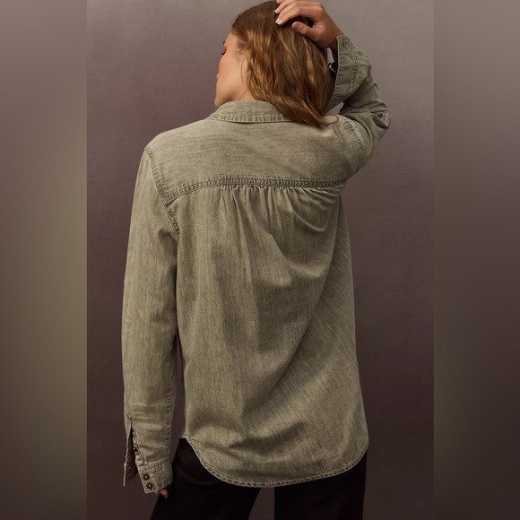 Anthropologie Pilcro Button Down Shirt Gray M Boho Casual Cottagecore Layering - Picture 2 of 12